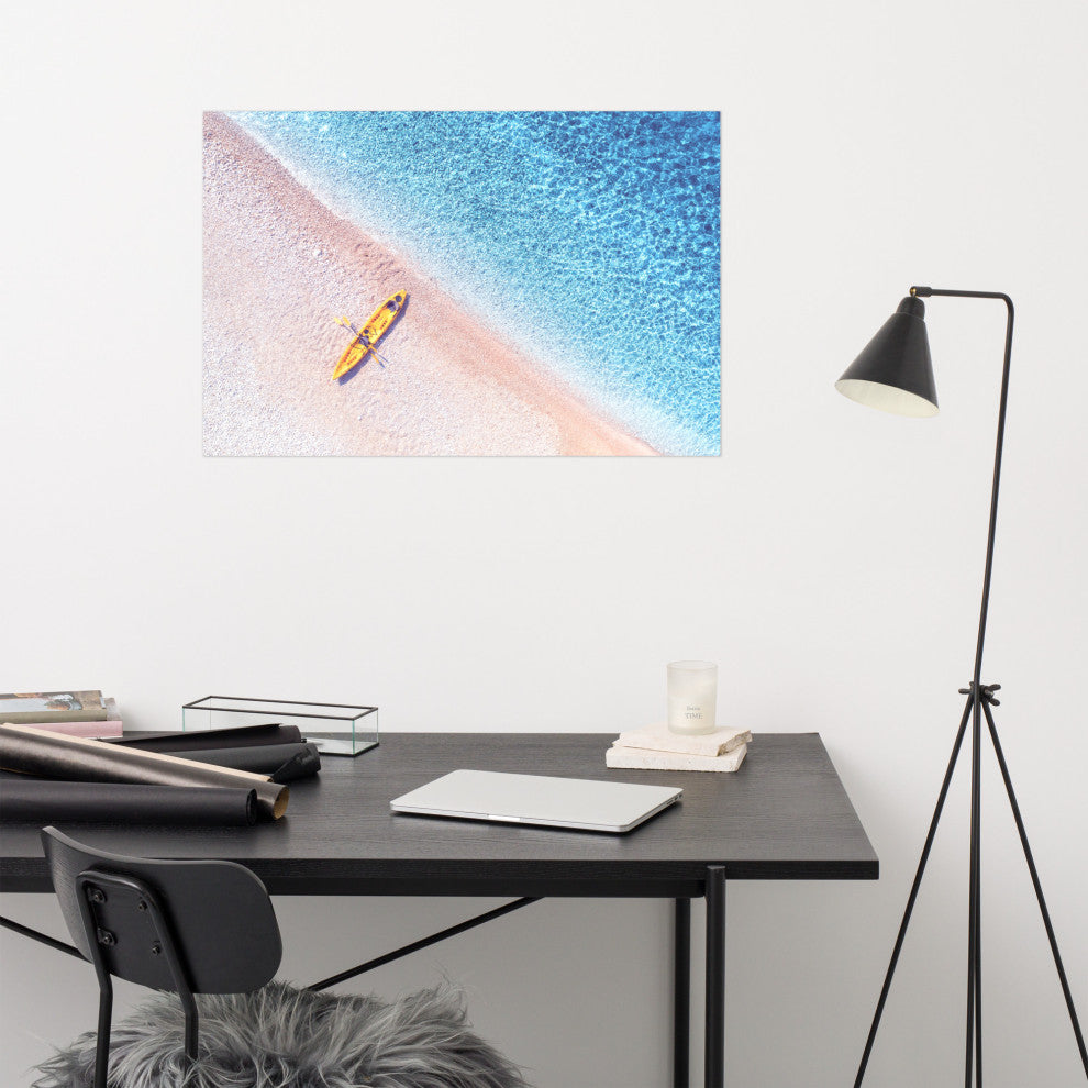 Yellow Canoe and Blue Sea by with Violet Glow Landscape Photo Loose Art Print, 24" X 36"