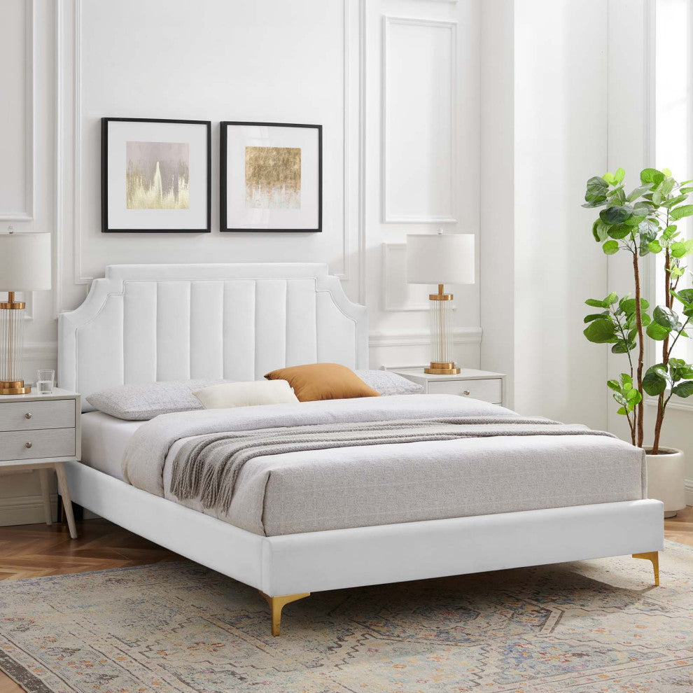 Platform Bed Frame, Queen Size, Velvet, White, Modern Contemporary, Bedroom