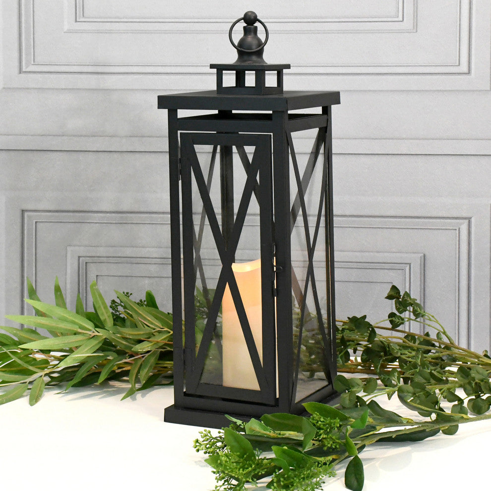 Metal Lantern, Black Criscross with Battery Operated LED Candle