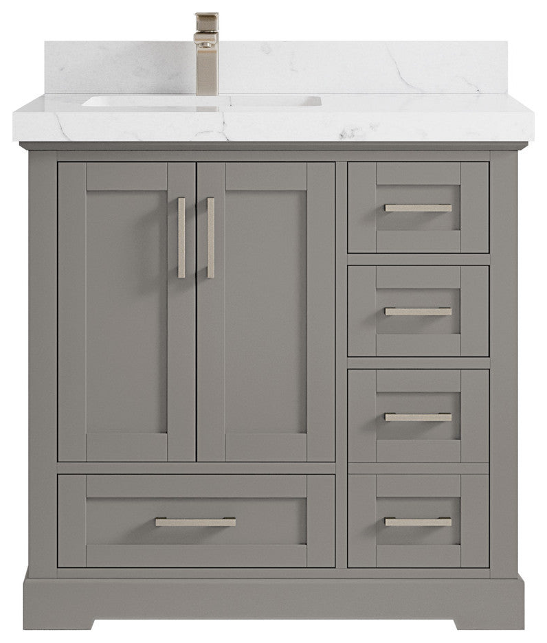 Boston 36 Left Offset Bath Vanity in Elephant Skin Gray 2" Calacatta Nuvo