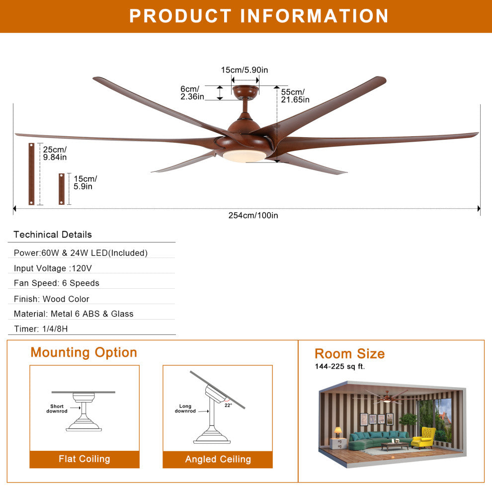 100" ABS Ceiling Fans With Lights And Remote, Walnut