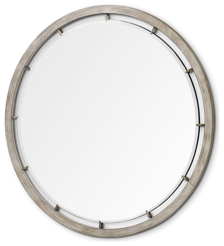 54" Brown Round Wood And Metal Framed Accent Mirror