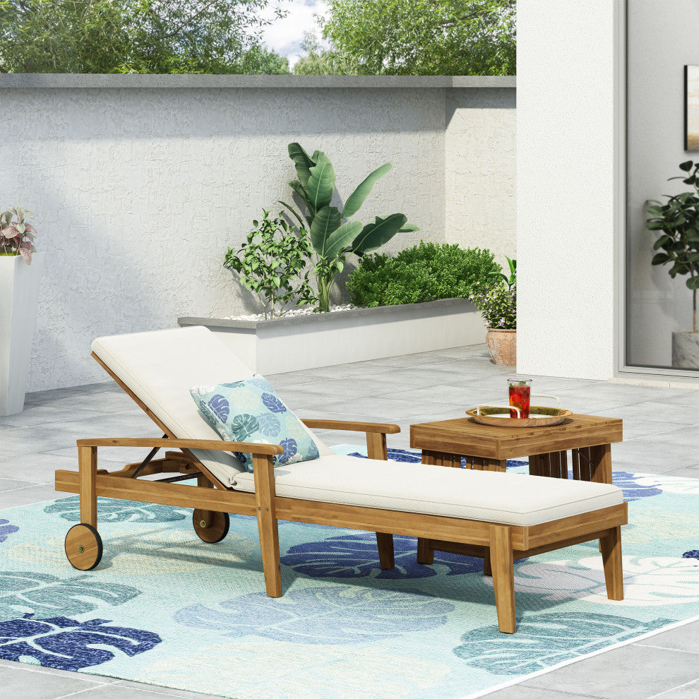 CKH Lucknow Outdoor Acacia Wood Chaise Lounge With Water Resistant Cushion, Cream