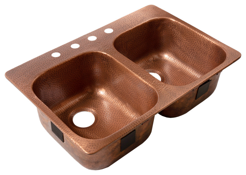 Santi 33" Drop-in Copper Double Bowl Kitchen Sink, 4-Hole Left Side