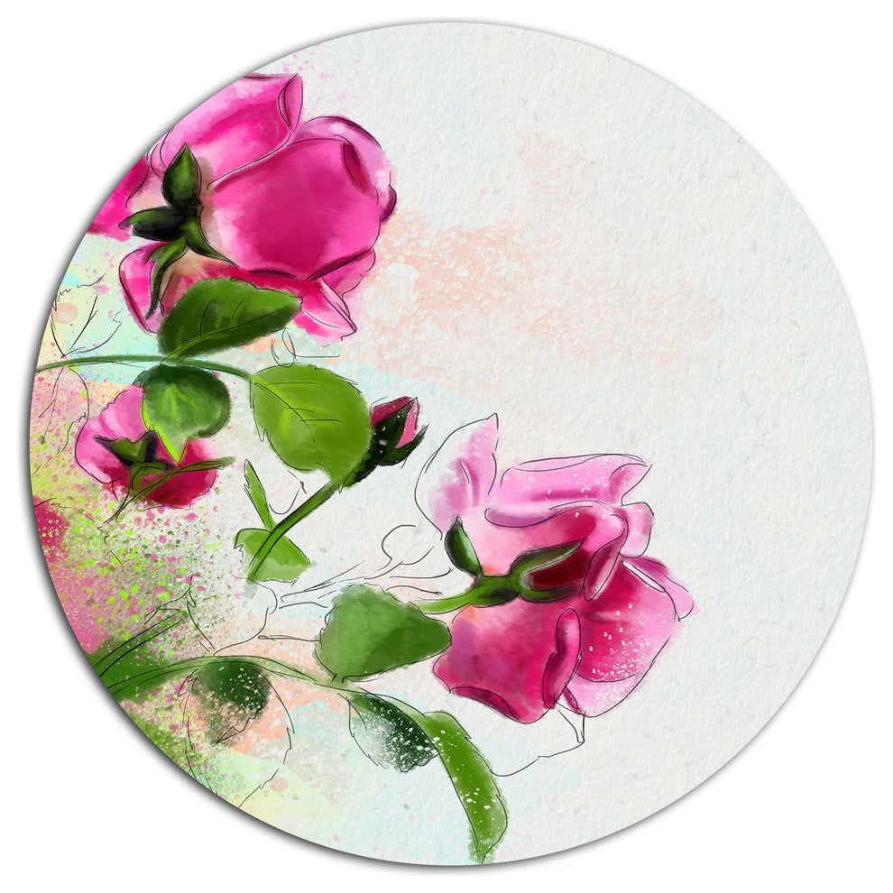 Purple Roses With Green Leaves, Floral Disc Metal Wall Art, 23"