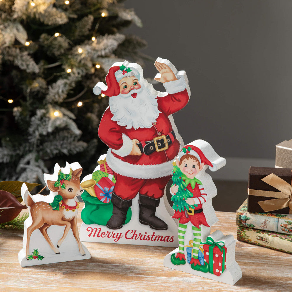 Wooden Christmas Santa, ELF, Reindeer Decor, 3-Piece Set