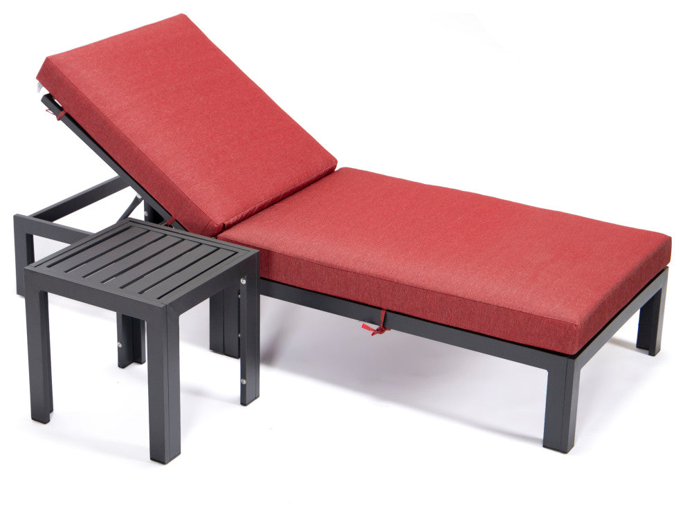 LeisureMod Chelsea Chaise Lounge Chair With Cushions & Side Table, Red