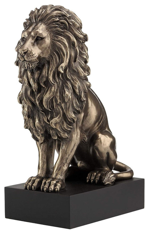 Sitting Bronze Lion Statue on Black Base By Veronese Design