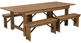 HERCULES Series 8' x 40' Antique Rustic  Farm Table and Four Bench Set