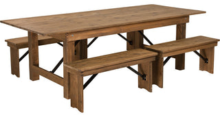 HERCULES Series 8' x 40' Antique Rustic  Farm Table and Four Bench Set