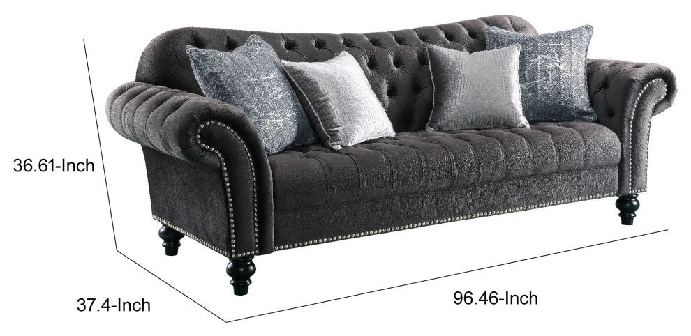 Benzara BM185567 Fabric Upholstered Wooden Sofa With 4 Pillows, Dark Gray