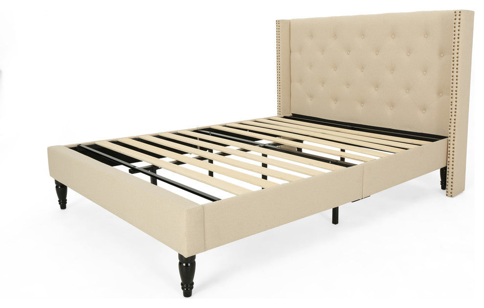 GDF Studio Ray Traditional Fully-Upholstered Queen-Size Bed Frame, Beige