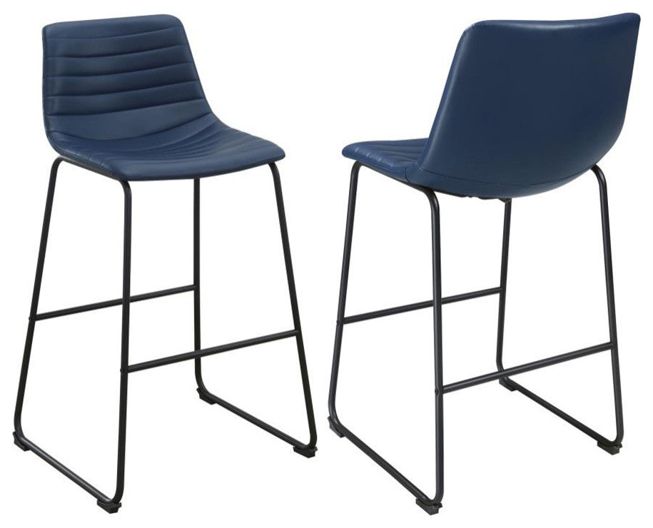 Set of 2 Faux Leather Upholstered Bar Stools, Blue/Matte Black