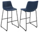 Set of 2 Faux Leather Upholstered Bar Stools, Blue/Matte Black