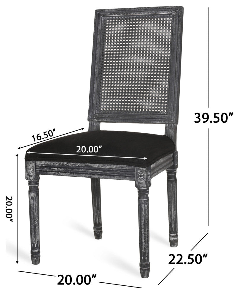 Whitten Farmhouse Fabric Upholstered Wood and Cane 7 Piece Dining Set, Black + Gray + Rustic Metal + Natural Stained