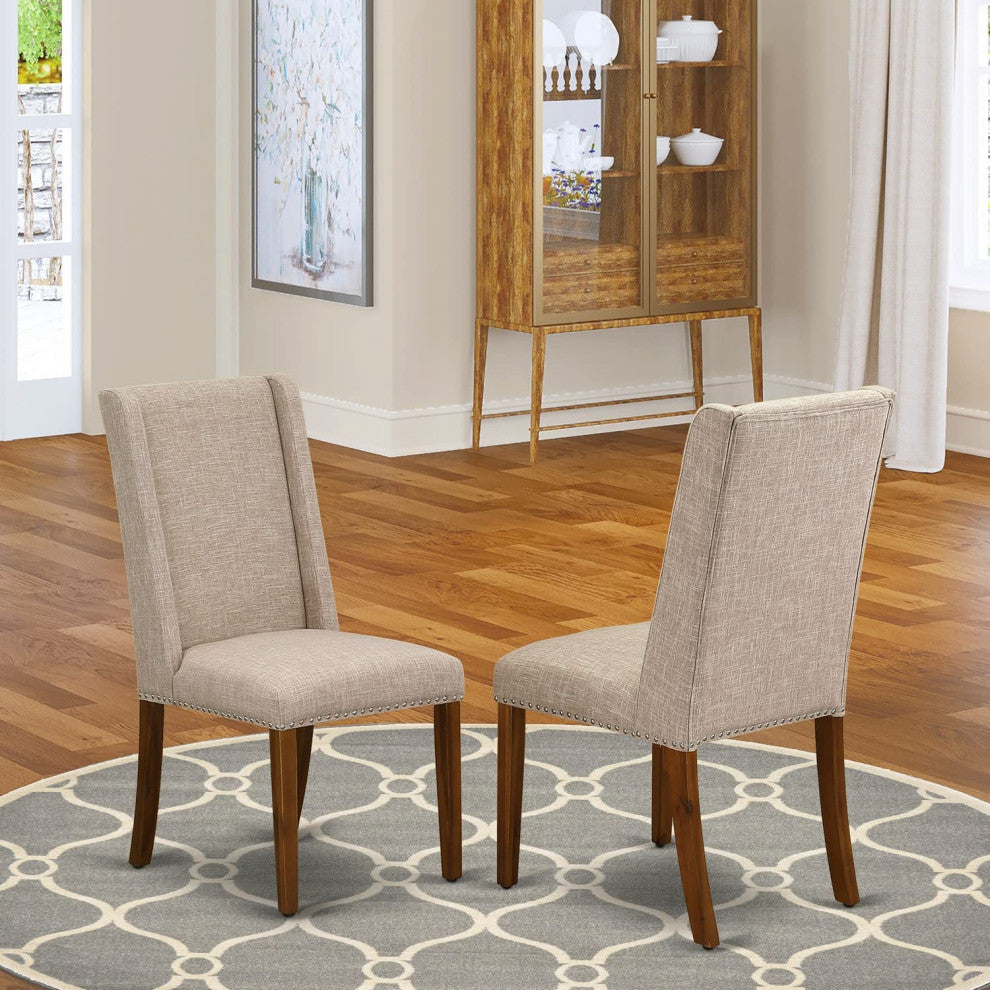 Set of 2 Parson Dining Chairs, Nailhead Trim, Linen Fabric Upholstered, Clay