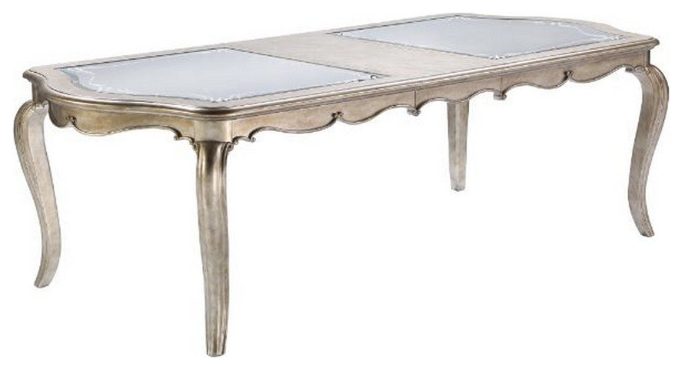 Benzara BM250626 Dining Table, Mirror Accent and Leaf Extension, Champagne Gold
