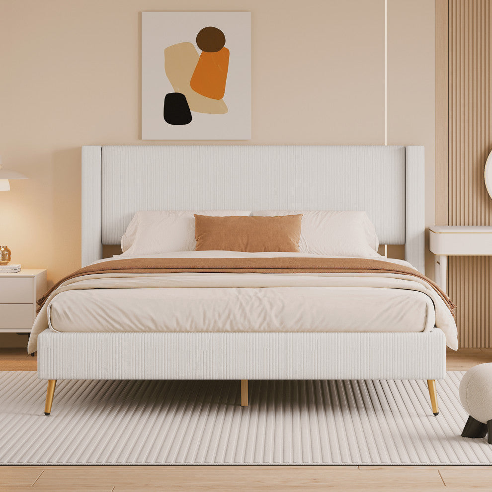 Gewnee Queen Size Corduroy Platform Bed with Metal Legs