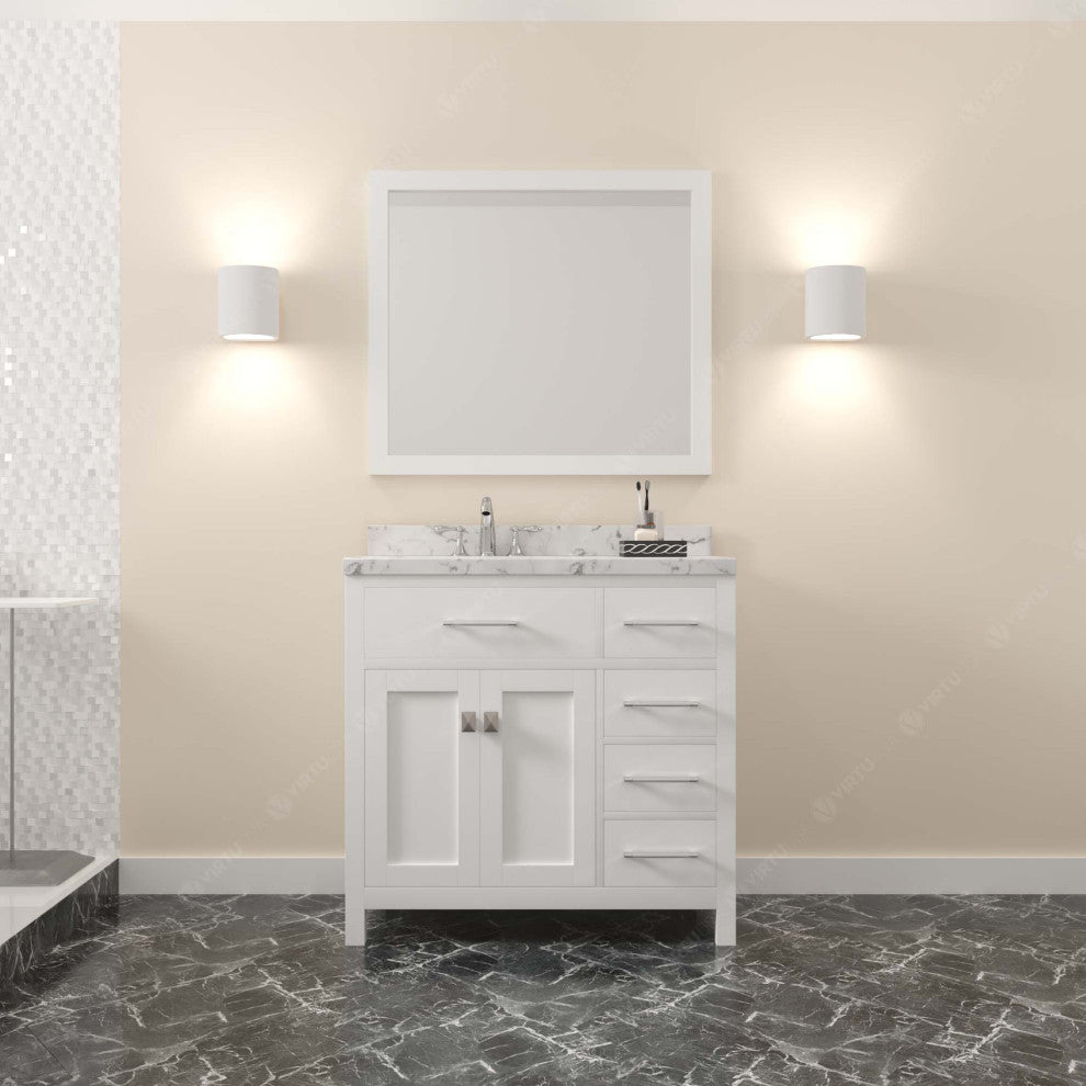 Caroline Parkway 36" Bath Vanity, White With Marble Quartz Top