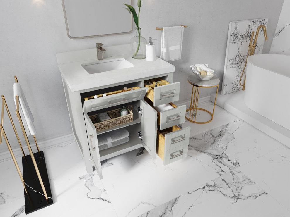 Cambridge 36 Left Offset Bath Vanity in Coventry Gray 2" Calacatta Nuvo