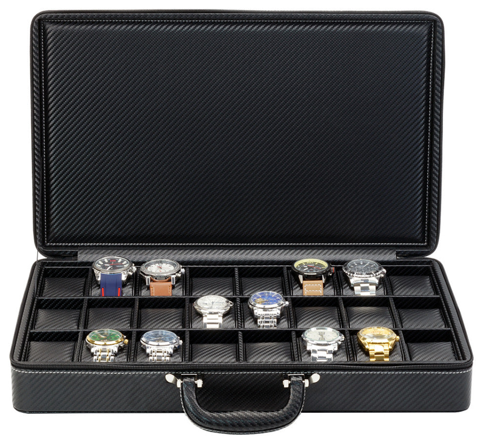 24 Slot Watch Briefcase, Black Carbon Fiber Zippered Travel Storage Case