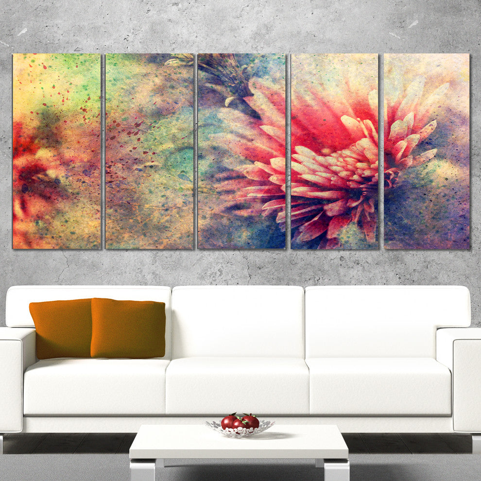 Grunge Art with Flower and Splashes, Flower Artwork on Canvas, 60"x28", 5 Panels