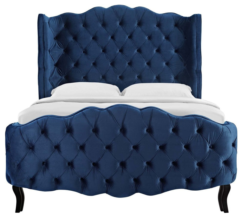 Violette Queen Tufted Wingback Performance Velvet Platform Bed, Navy