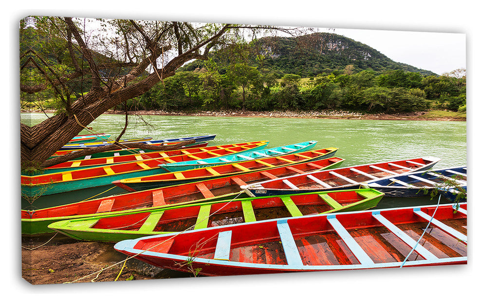 Colorful Boats in Mexico, Landscape Canvas Art Print, 32"x16"