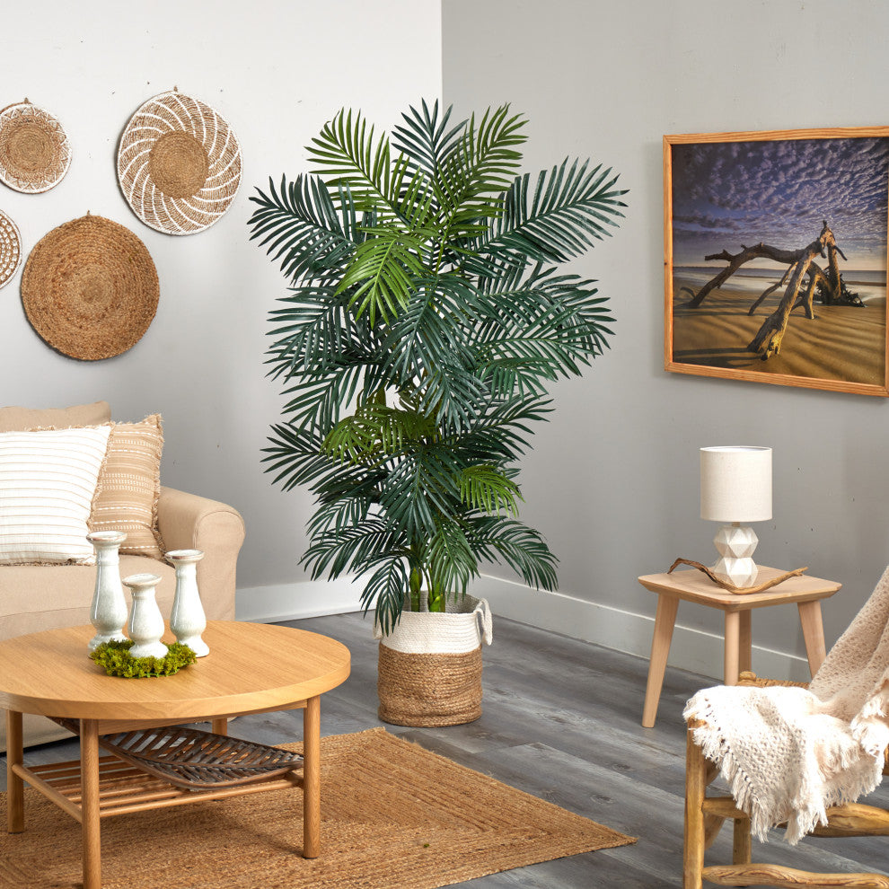 6.5' Golden Cane Artificial Palm Tree, Handmade Natural Jute and Cotton Planter