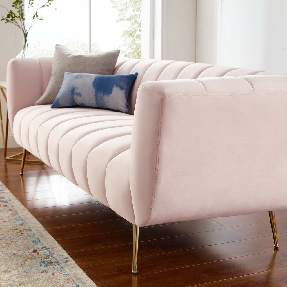 Tufted Sofa, Velvet, Pink, Modern, Living Lounge Room Hotel Lobby Hospitality