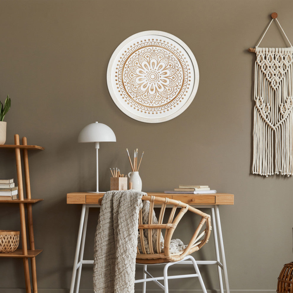 American Art Decor Boho Rustic Farmhouse Wood Framed Wall Medallion White, Brown