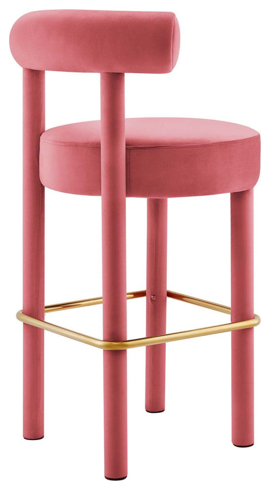 Toulouse Performance Velvet Bar Stool, Curved Round Bolster Kitchen Stool, Pink