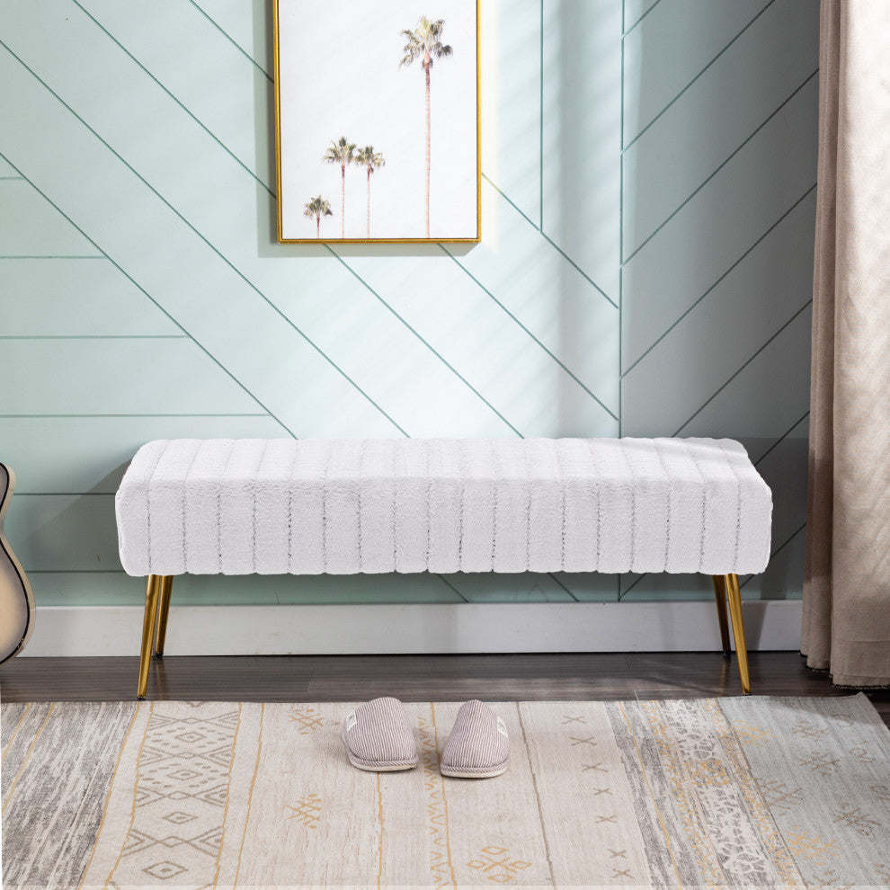 Channel Quilted Faux Fur Bedroom Bench, White