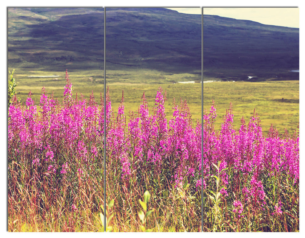 Purple Flowers in Mountain Pasture, Floral Triptych Canvas Art, 36x28, 3 Panels