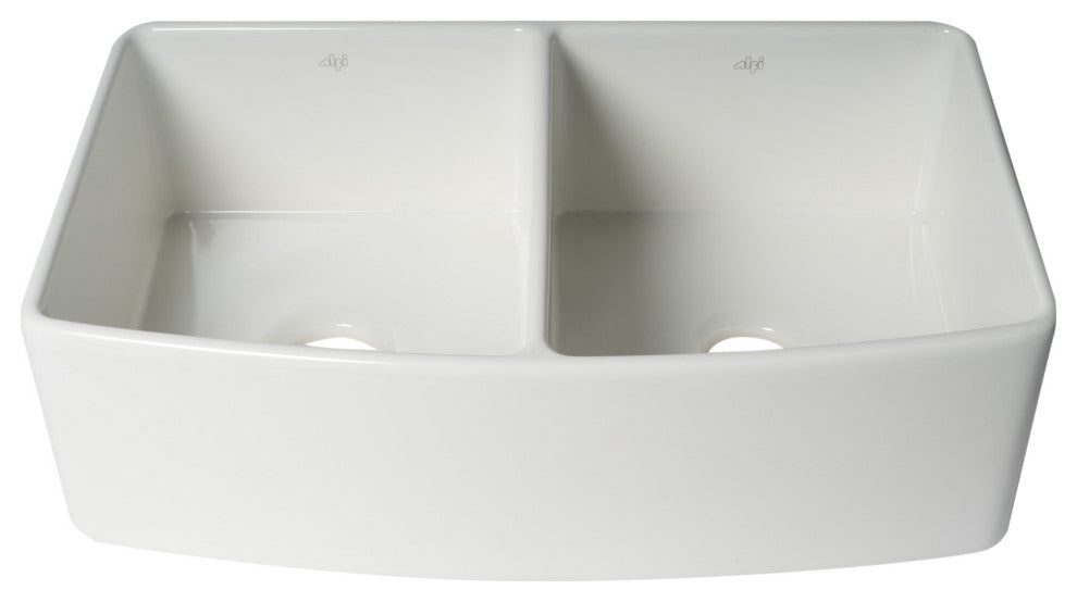 ALFI Brand ABFC3320D-W Smooth Curved Apron Two Bowl Fireclay Farm Sink with Gri