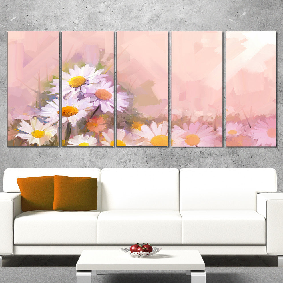 Gerbera Flowers on Soft Color Back, Floral Canvas Art Print, 60"x28", 5 Panels