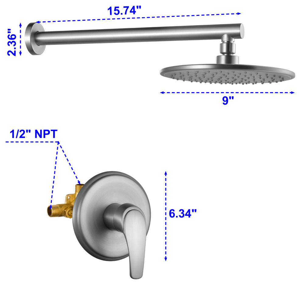 Shower Faucet Set With Valve and 9" ABS Rainfall Shower Head, Brushed Nickel