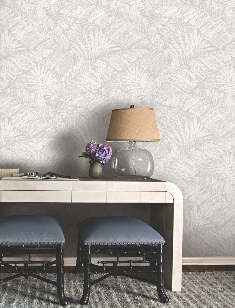 Palm Cove Toile White and Gray Wallpaper