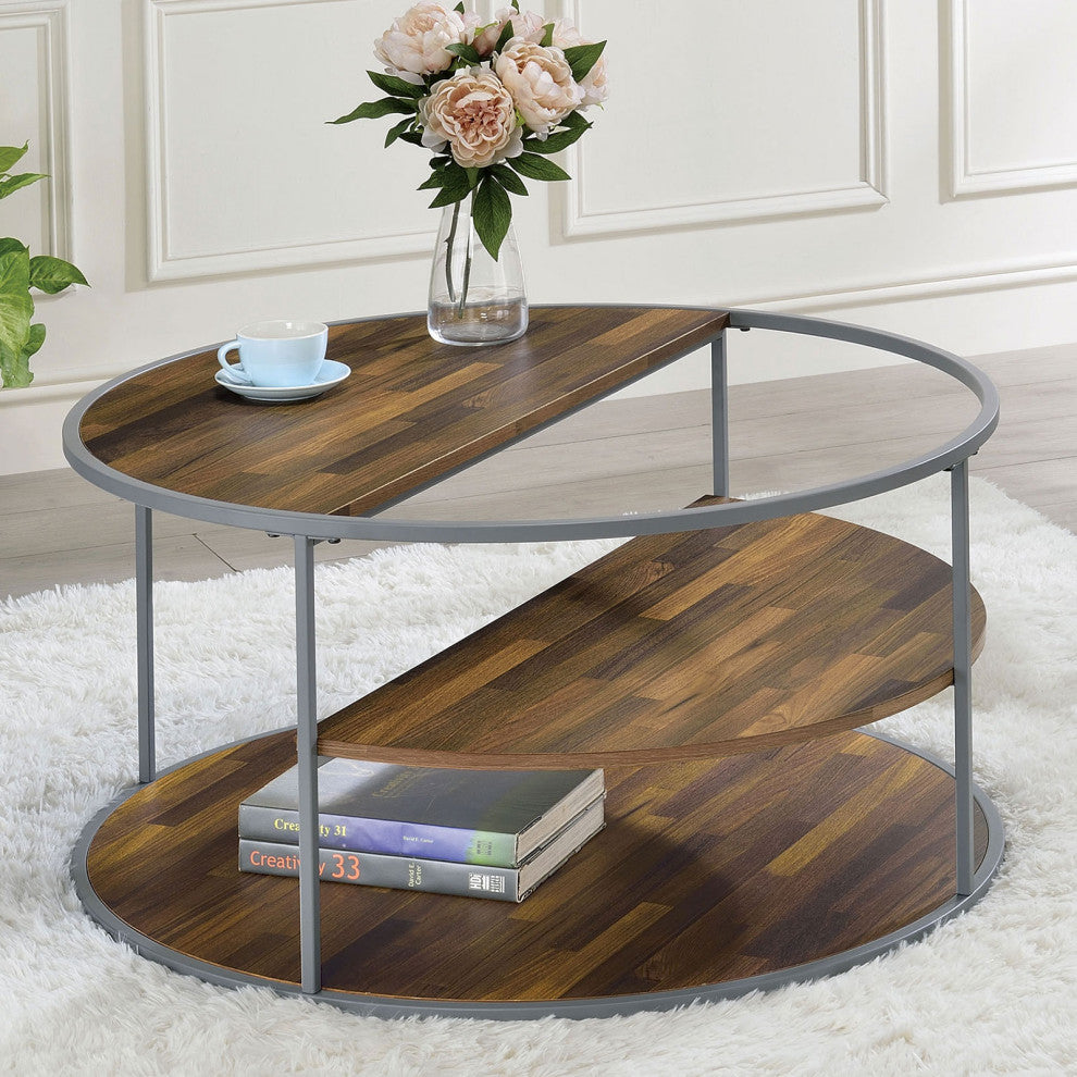 3-tier Shelf Round Coffee Table in Gray and Walnut Finish