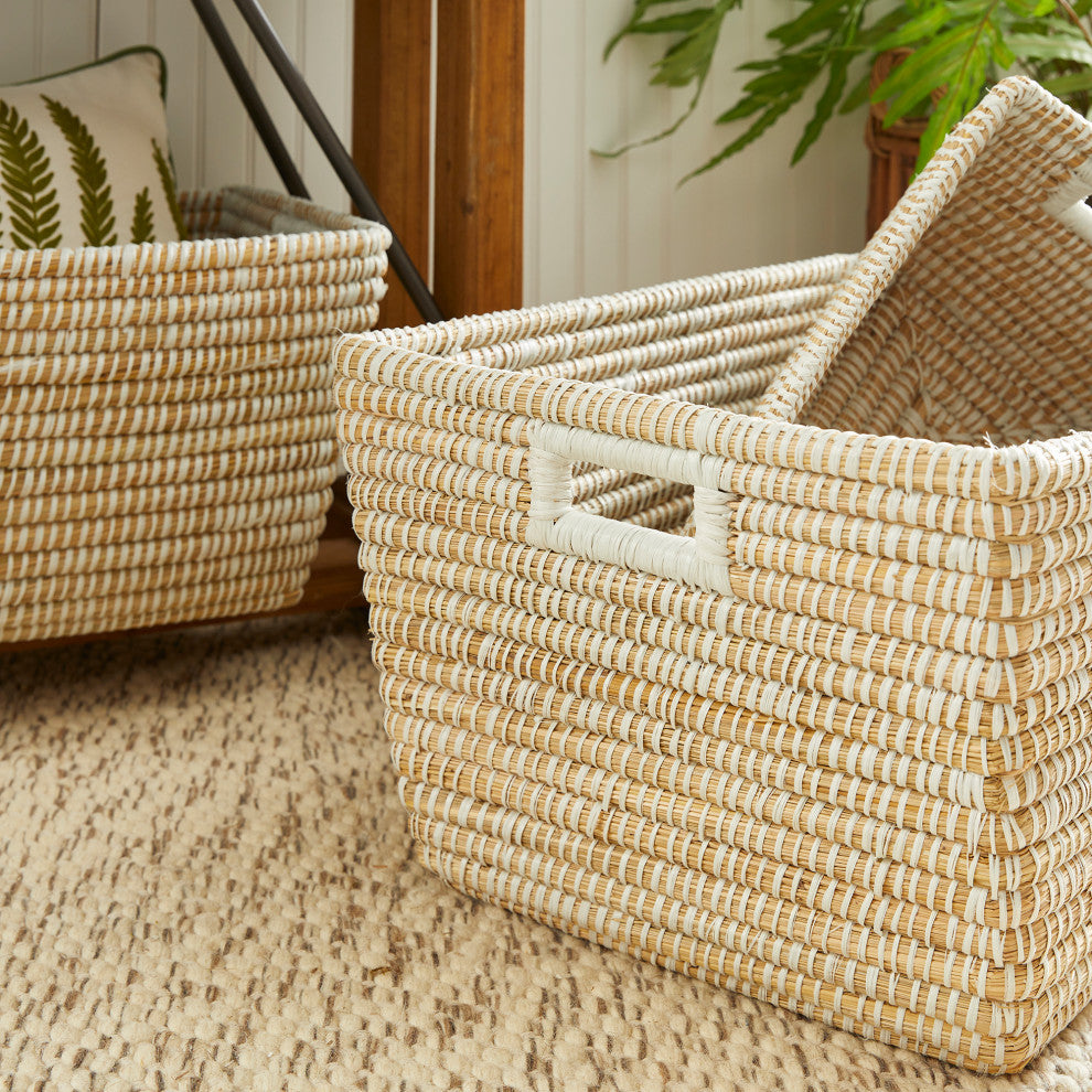 Set of 3 Woven River Grass Tote Storage Baskets Rectangle 23 20 16 in Natural
