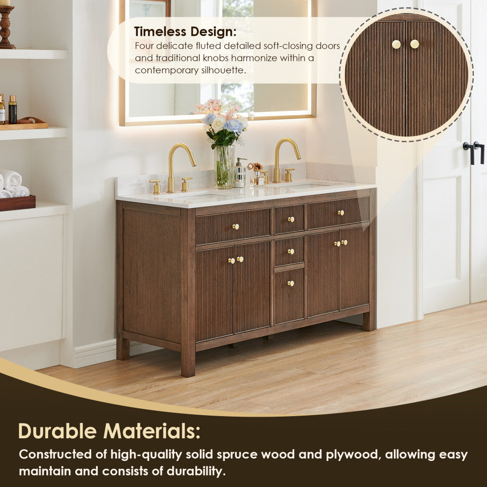 Cerrito Bathroom Vanity, Brown Brushed Oak, 60" Double, Without Mirror