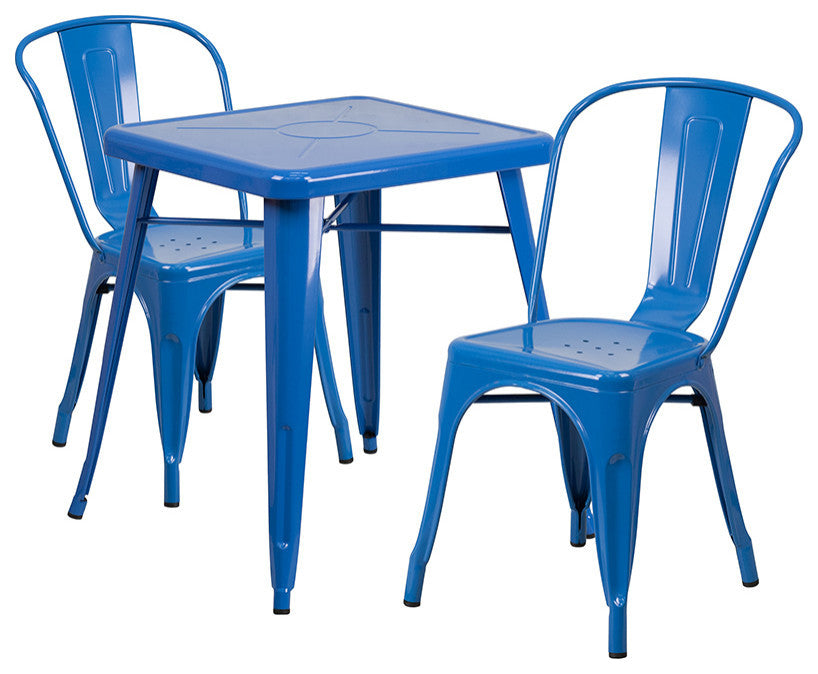 23.75" Square Blue Metal Indoor-Outdoor 3-Piece Table Set With 2 Stack Chairs