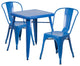 23.75" Square Blue Metal Indoor-Outdoor 3-Piece Table Set With 2 Stack Chairs