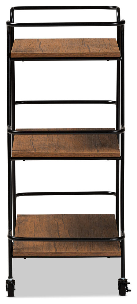 Endika Industrial Black and Walnut 3-Tier Small Mobile Wine Bar Cart