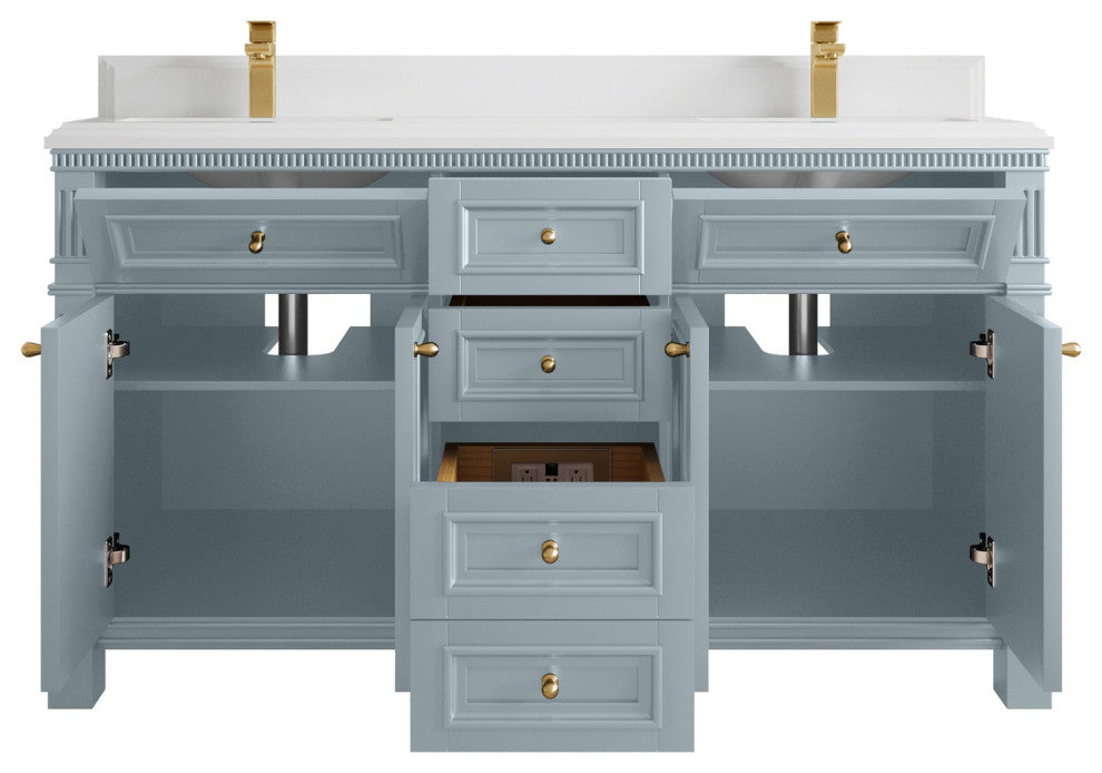 Paris 60" Double Sink Bathroom Vanity, Blue Heather 1.5" White Quartz