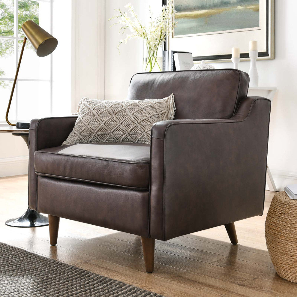 Armchair Accent Chair, Brown, Leather, French, Mid Century Hotel Lounge Cafe