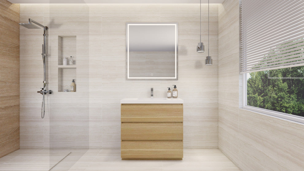 Alston 36" Free Standing Modern Vanity, White Oak, Glossy White Top
