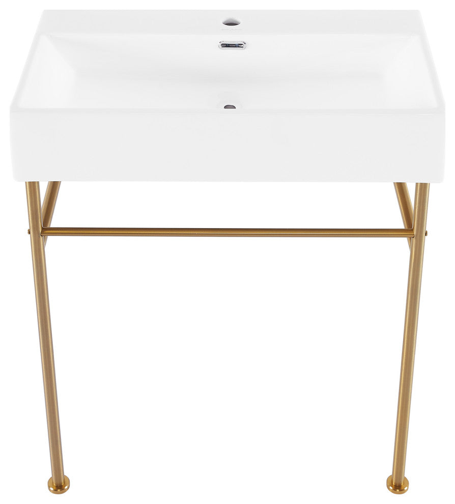 Claire 30" Ceramic Console Sink White Basin Gold Legs, Brushed Gold