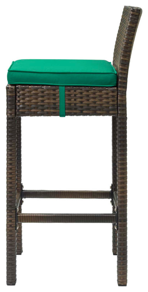 Modern Outdoor Patio Bar Stool Chair, Set of Two, Fabric Rattan, Brown Green
