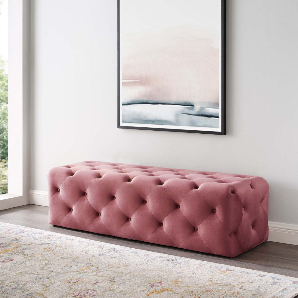 Tufted Accent Chair Bench, Velvet, Pink, Modern, Living Lounge Hotel Hospitality
